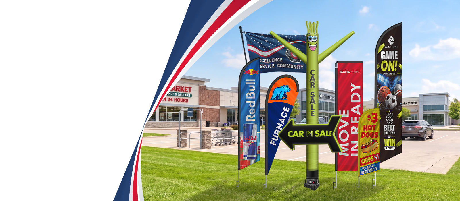 Custom printed feather flags and tubeman dancer with business logos